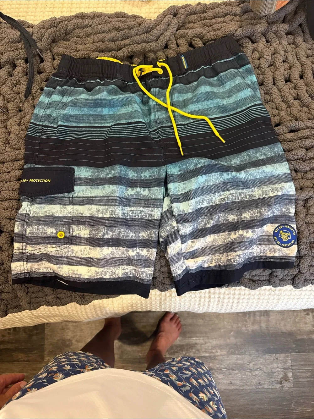 Banana Republic Blue & Black Striped Swim Shorts with Yellow Logo Patch